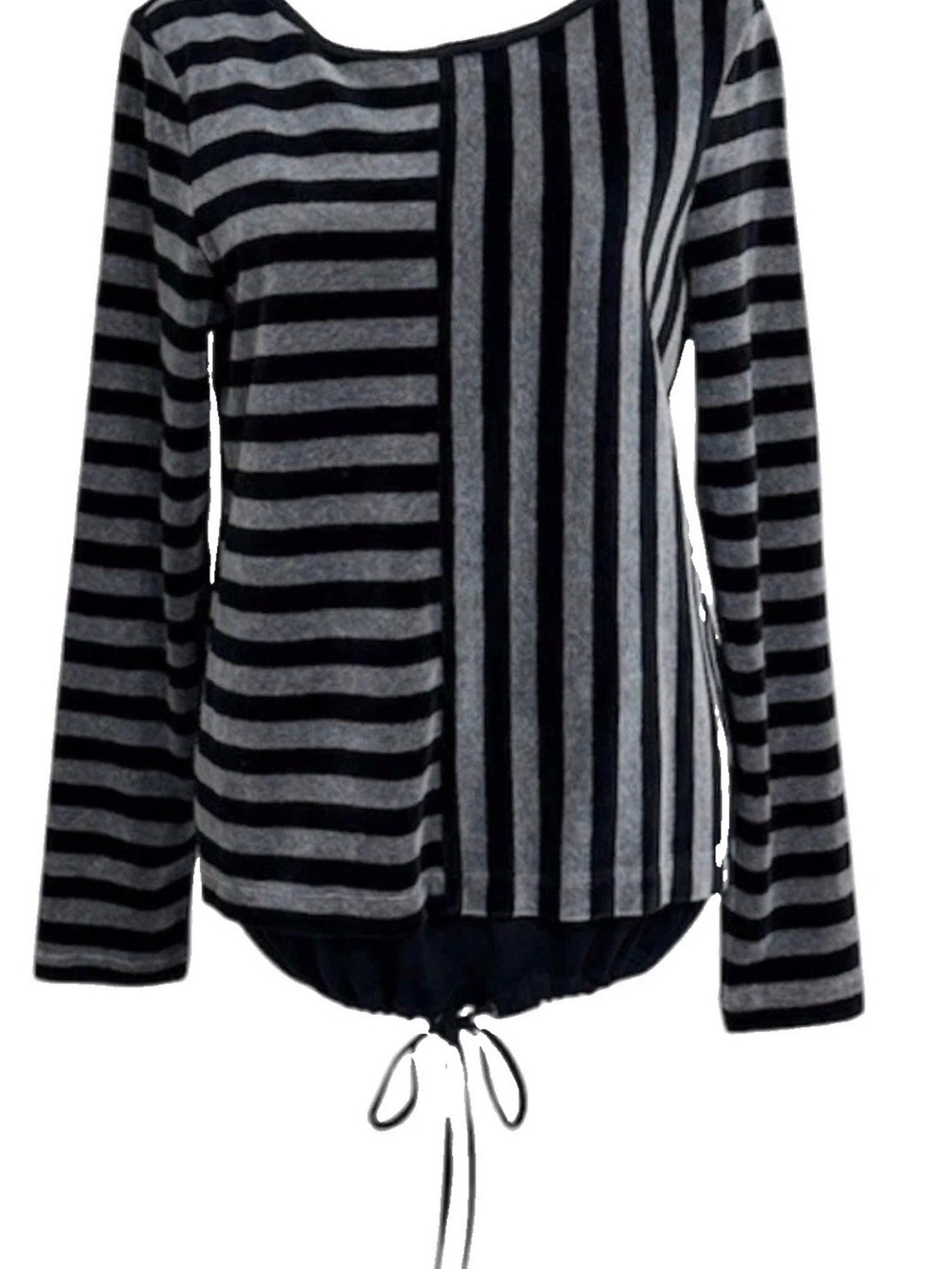 Zenergy Chico’s Velour Striped Long Sleeve Drawstring Hem Top Black Gray Sz 0 Sm